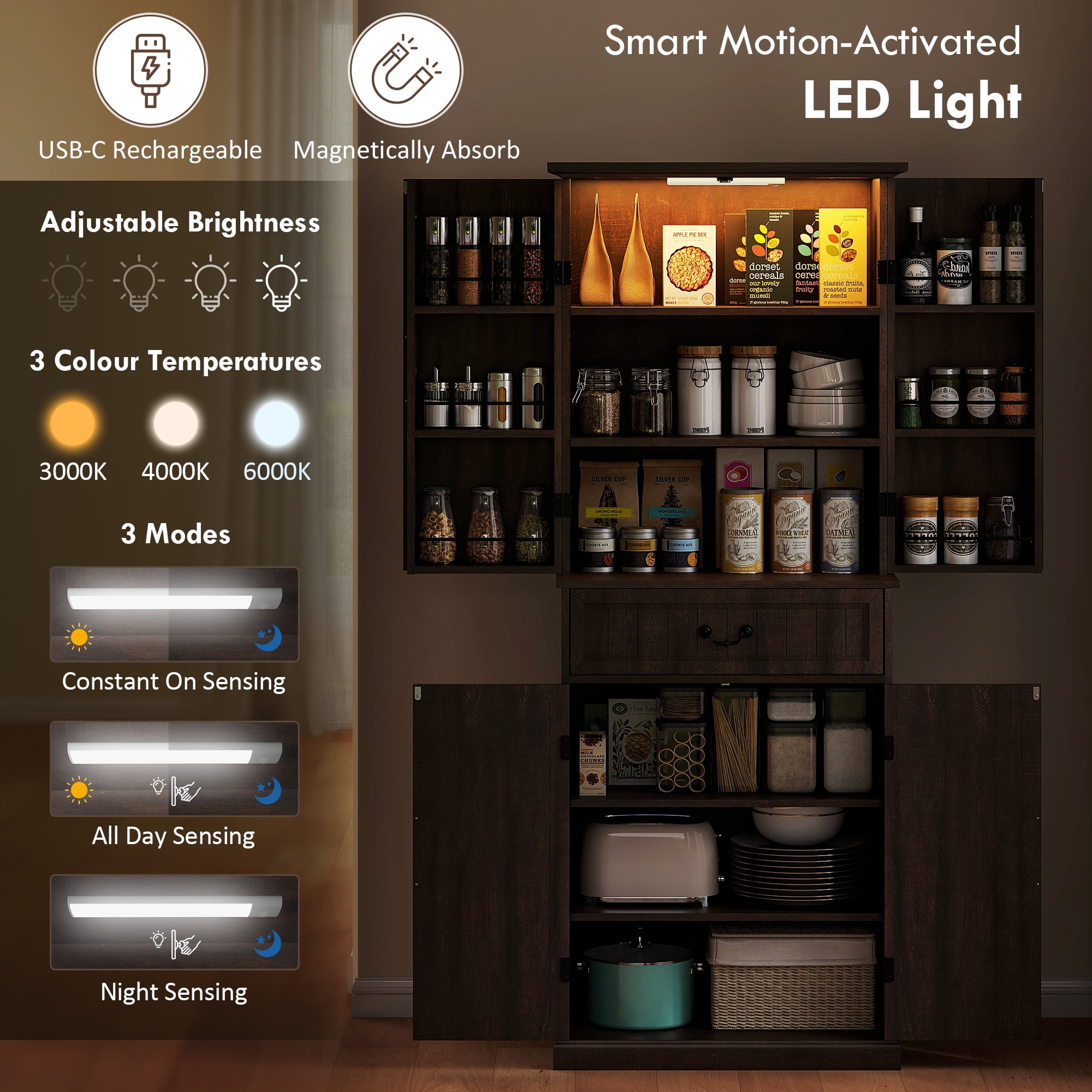 HOMCOM Farmhouse Kitchen Pantry Cabinet with Light, Storage Cabinet, Brown
