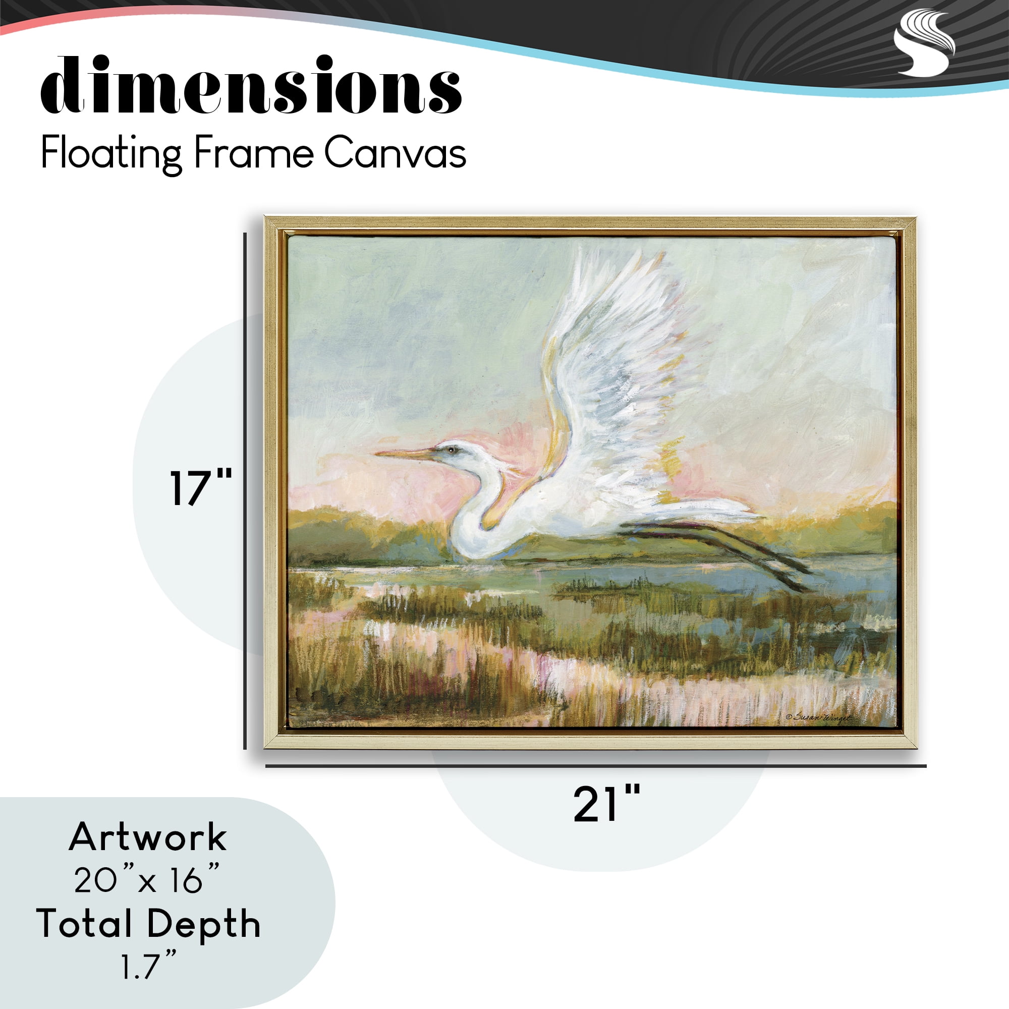 Stupell Industries White Heron Flying Gold Framed Floater Canvas Wall Art, design by Susan Winget