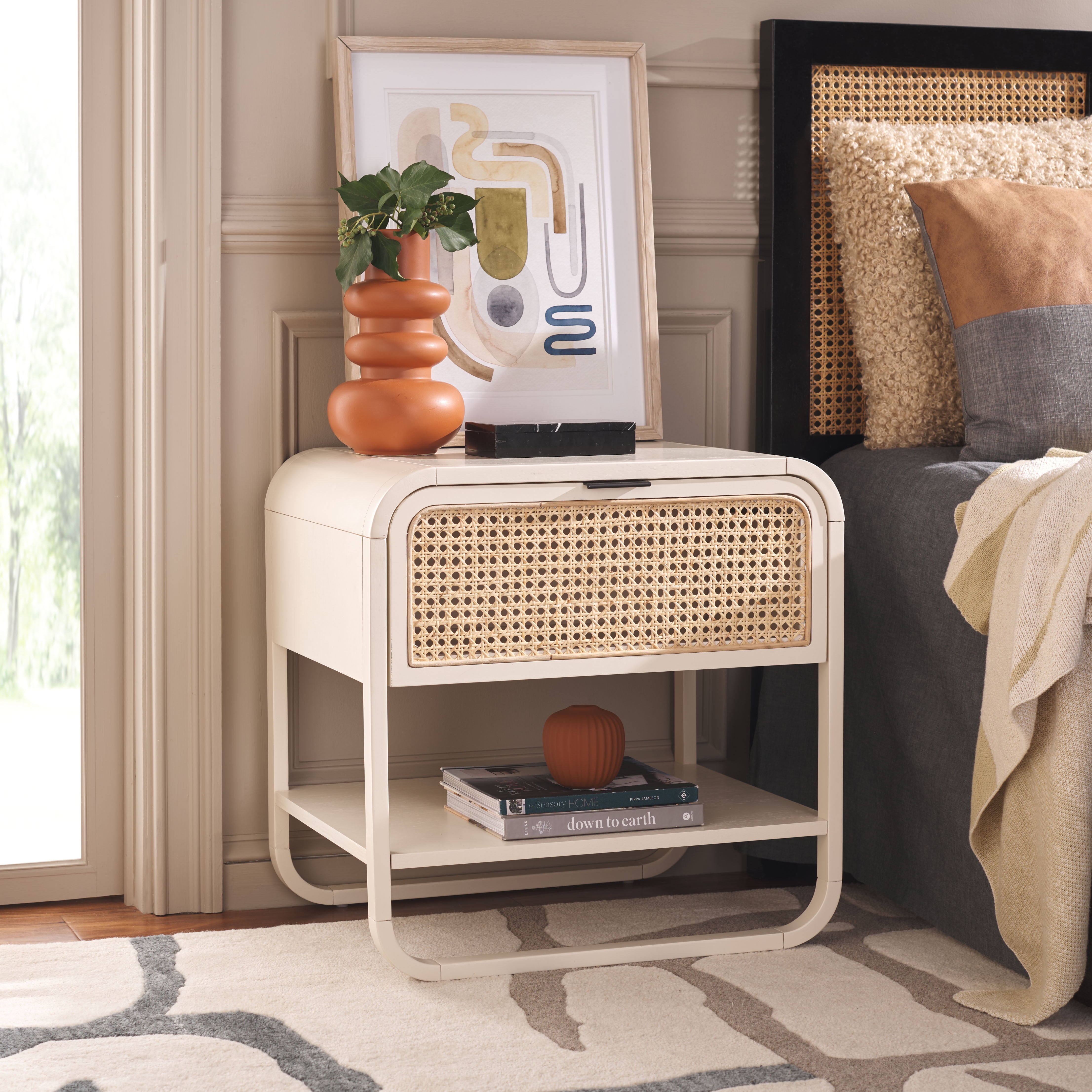 SAFAVIEH Yunis Contemporary 1 Drawer Nightstand,White/Natural Rattan