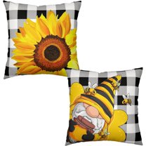 Sunflower Pillow Covers 18x18 Set of 2 Farmhouse Buffalo Plaid Bee Gnome Yellow Floral Throw Pillow Cover Spring Summer Flower Decorative Pillow Cases for Sofa Chair Patio Bed Couch