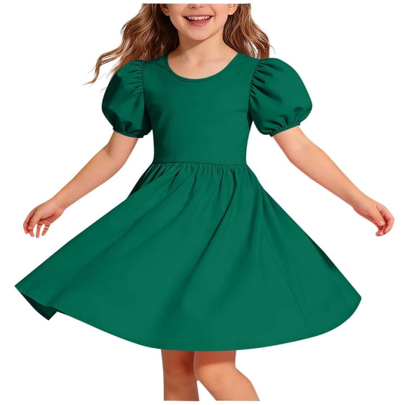 Mitankcoo Girls Puff Mini Dresses Crew Neck Short Sleeve Cross Back A-Line Dress for Everyday & Vacation Wear
