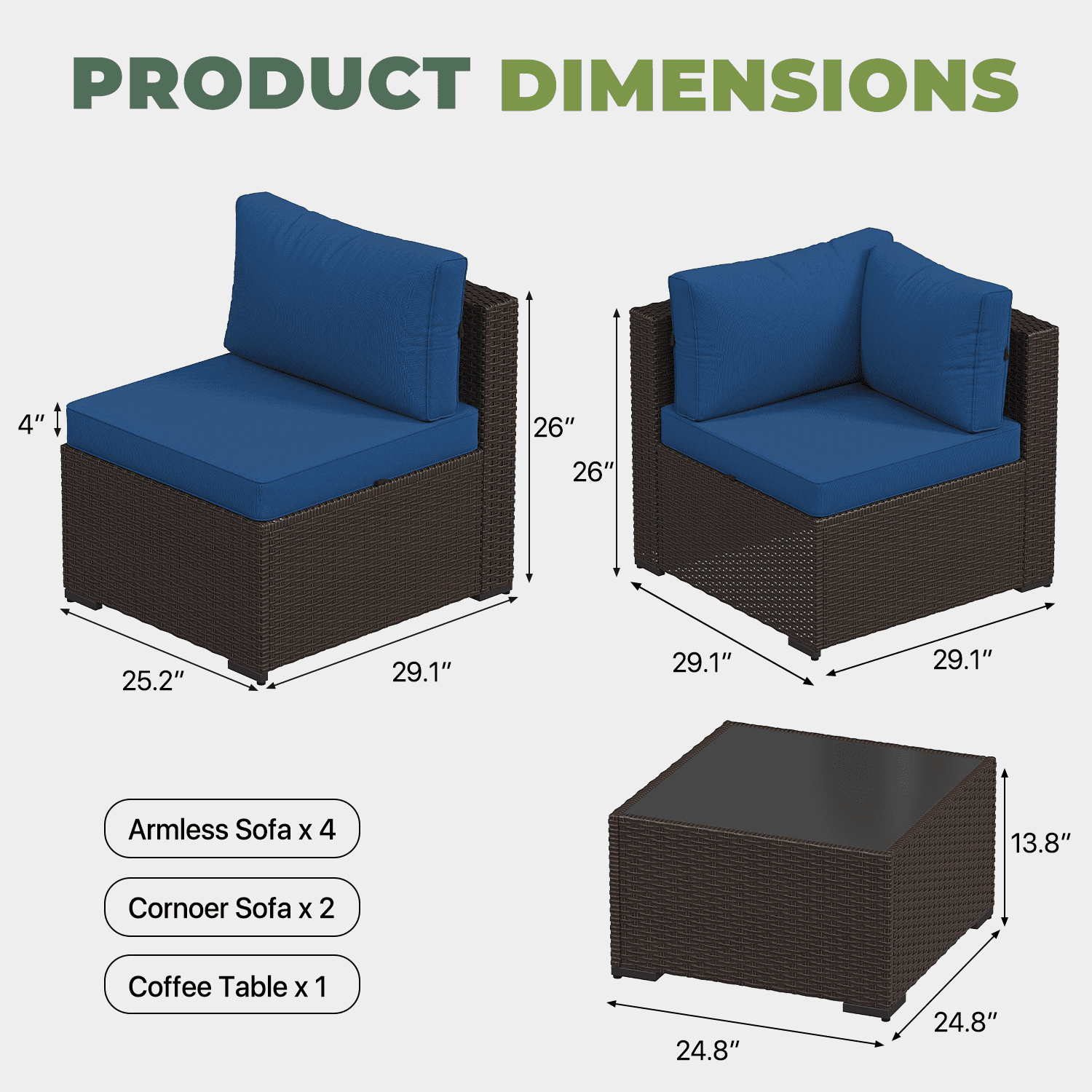 BaPiPro 7‑Piece Modular All‑Weather Patio Furniture Set, Brown Rattan Wicker Outdoor Sectional Sofa with Thickened Navy Blue Cushions & Tempered Glass Coffee Table for Backyard Porch Deck Balcony