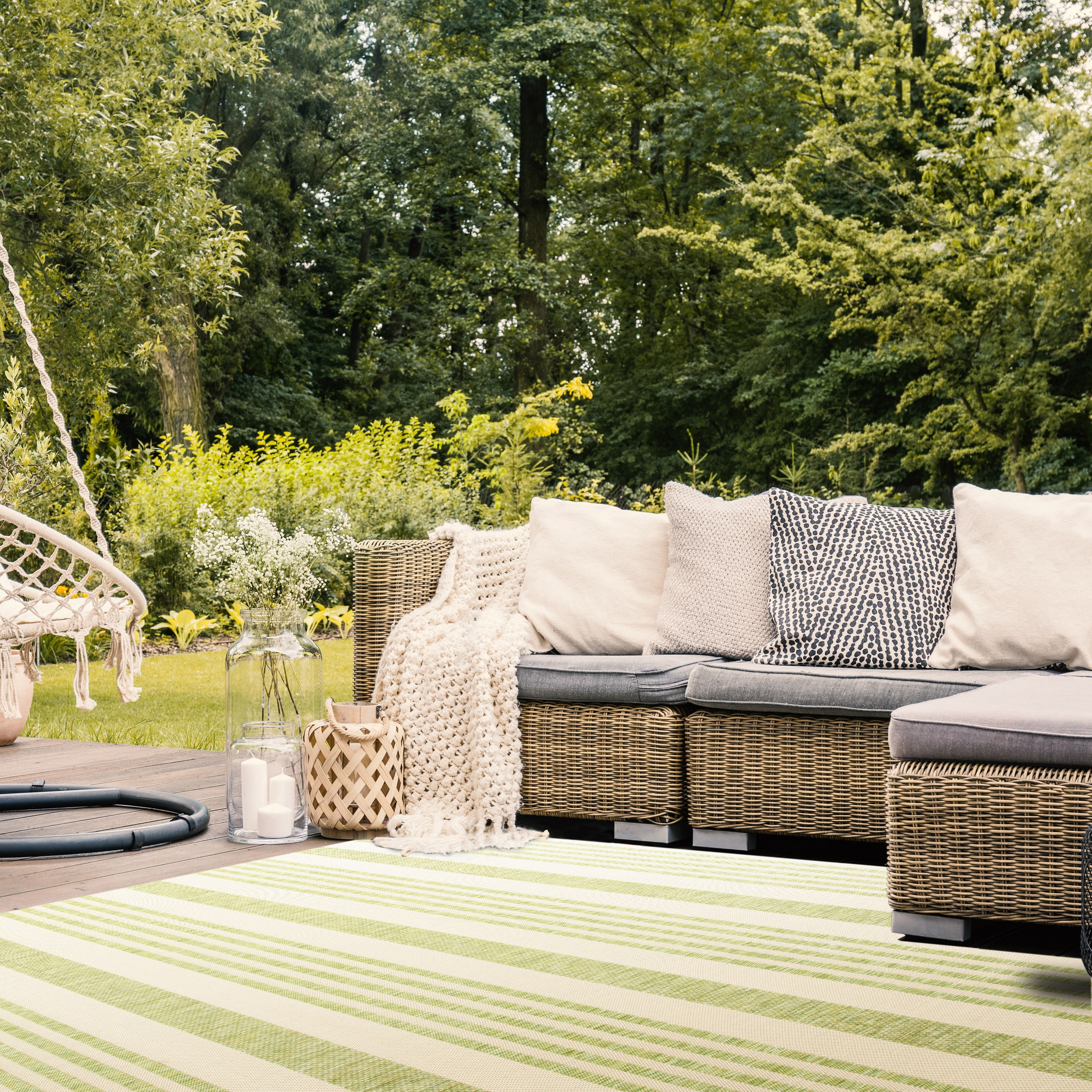 Safavieh Courtyard Caroline Striped Indoor/Outdoor Area Rug, Beige/Sweet Pea, 6'7" x 6'7" Square