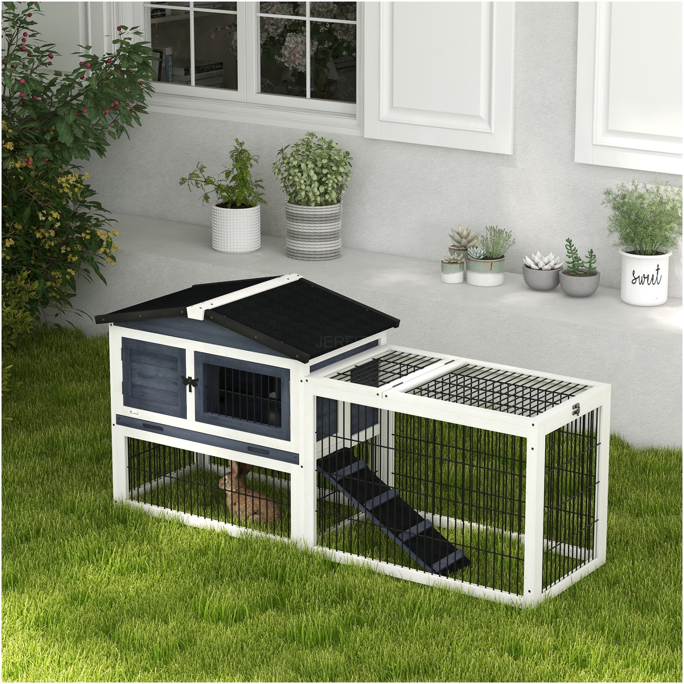 JERFIT 59" Large 2-Tier Outdoor Rabbit Hutch with Weatherproof Asphalt Roof, Removable Tray & Ramp, Gray Wooden Bunny Cage House with Run