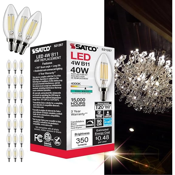 Satco S21267 4 Watt B11 LED Bulb, Clear, Candelabra Base (E12), 90 CRI, 4000K Cool White, 120V, Dimmable, 350 Lumens (24 Pack)