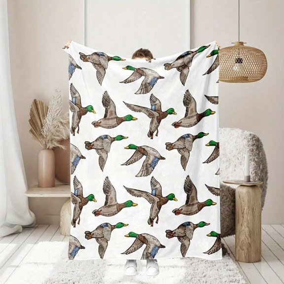 HELLOYOUNG Soft Flannel Blanket Lightweight All-Season Throw, Nature-Inspired Duck Print, Cozy Warm Tear-Resistant Polyester, for Couch Bed Camping, Elegant Green
