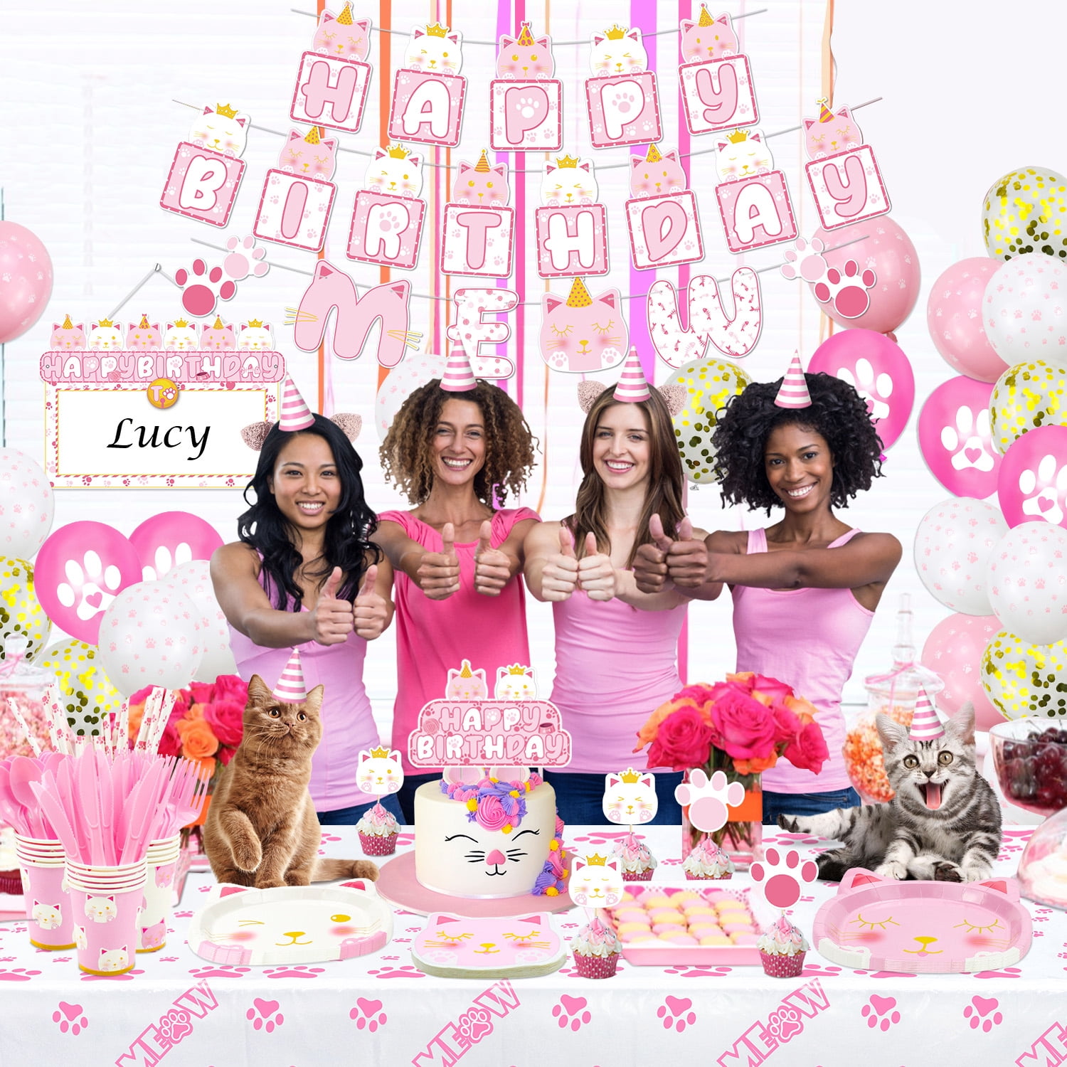 218 PCS Cat Birthday Party Supplies - Cat Balloons, Birthday Banner, MEOW Garland, DIY Hanging Sign, Cake Topper, Plates, Napkins, Cups and Tablecloth for Cat Birthday Decorations, Serve 20 Guests