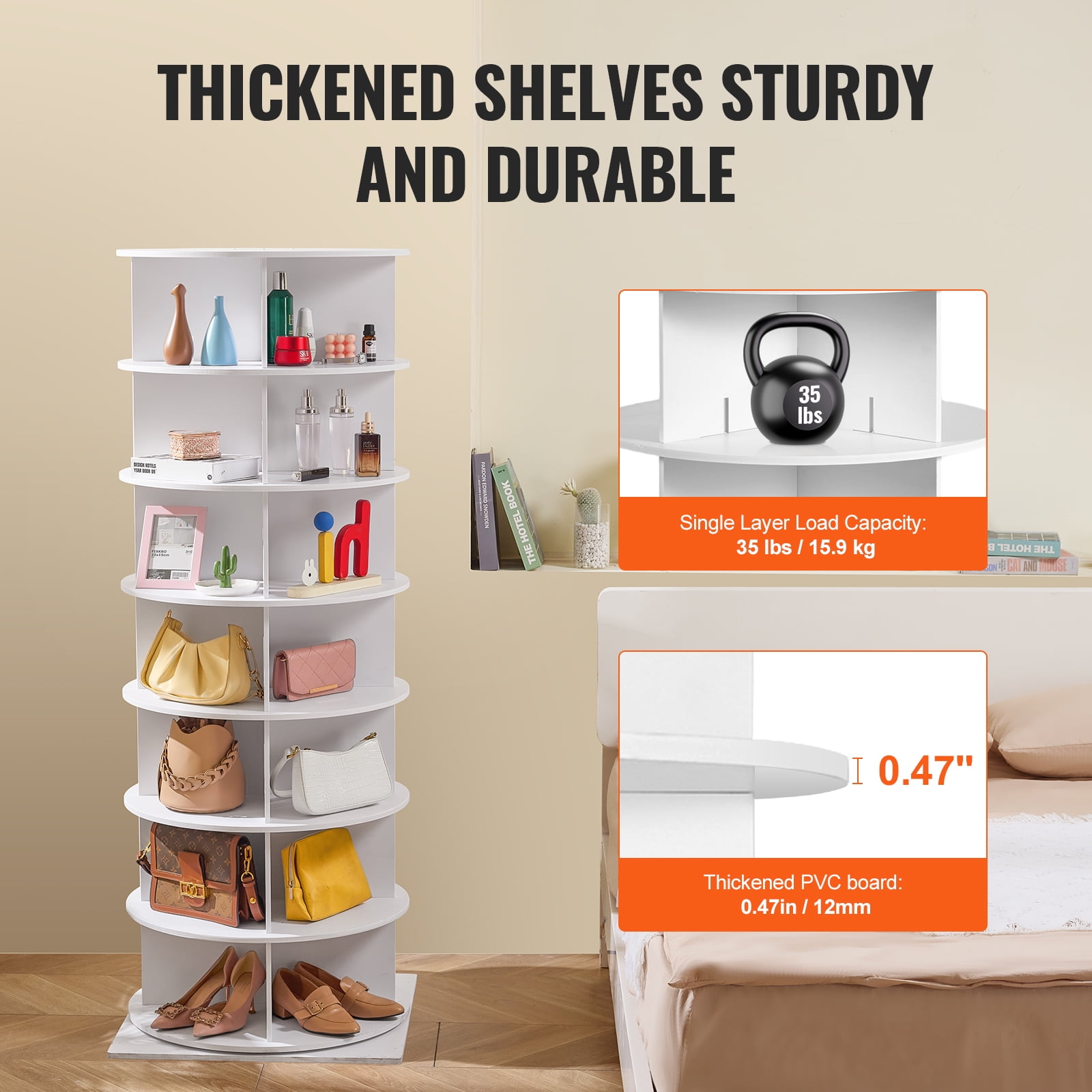 KFFKFF 7-Level Rotating Footwear Storage Tower, 360° Circular Shoe Showcase, Rotational Footwear Storage Carousel, Round Shoe Organizer with Stand for Bedroom, Living Room, Foyer, in White