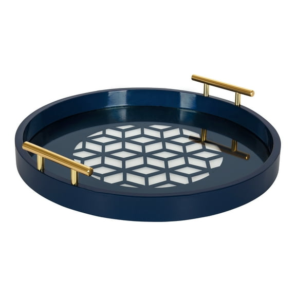 Kate and Laurel Caspen Glam Decorative Serving Tray, 15.5 Inch Diameter, Navy and Gold, Decorative Tray with Round Shape and Polished Gold Metal Handles for Storage and Display