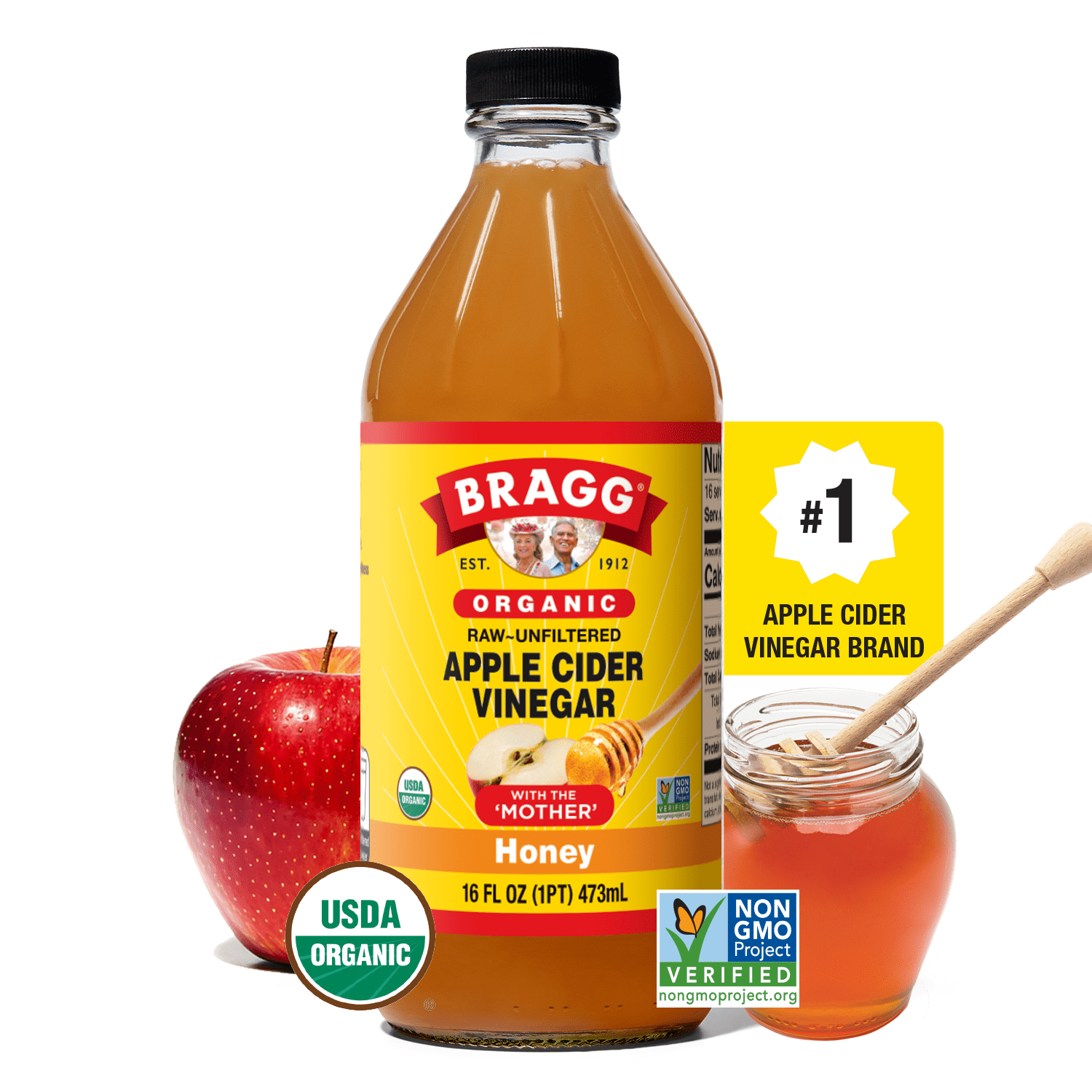 (6 pack) Bragg Organic Apple Cider Vinegar Honey with The Mother, Raw and Unfiltered, 16 fl oz