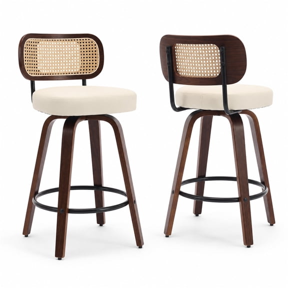 SESSLIFE Swivel Bar Stools Set of 2, 25.6" Counter Height Barstools with Beige PU Leather, Curved Backrest & Footrest, Mid-Century Modern Kitchen Stools for Kitchen Island