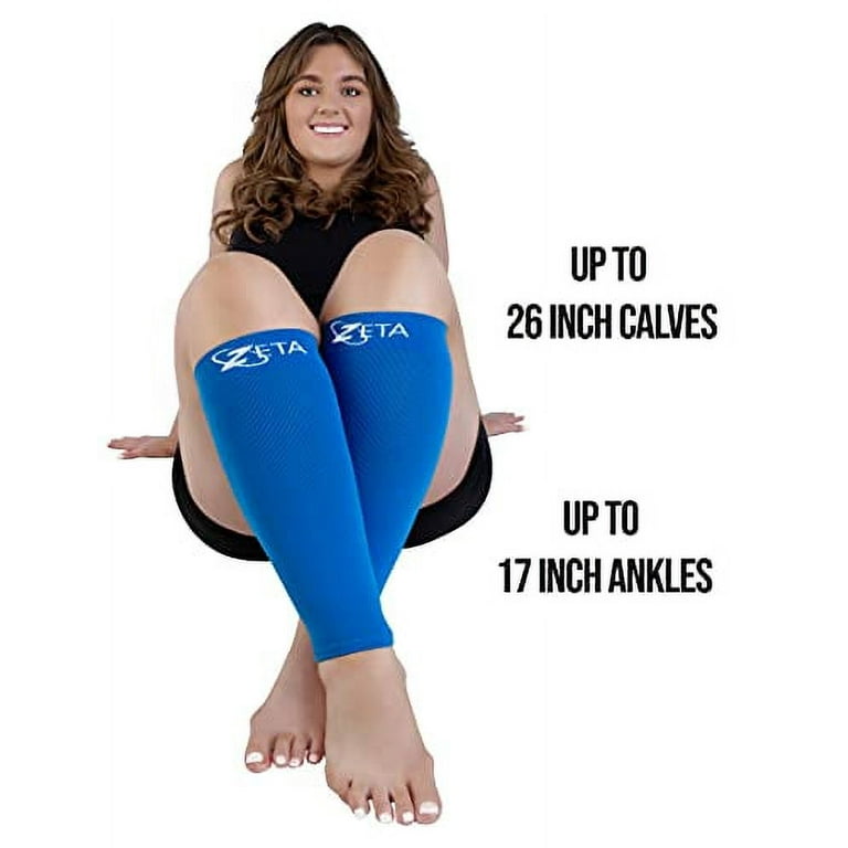 Zeta Sleeves XXL Wide Plus Size Calf Compression, Soothing Comfy Gradient  Support, Prevents Swelling, Pain, Edema, DVT, Large Cuffs, Stretch to 24  Inches, Unisex, for Nurses, Seniors, Flights (Blue) 