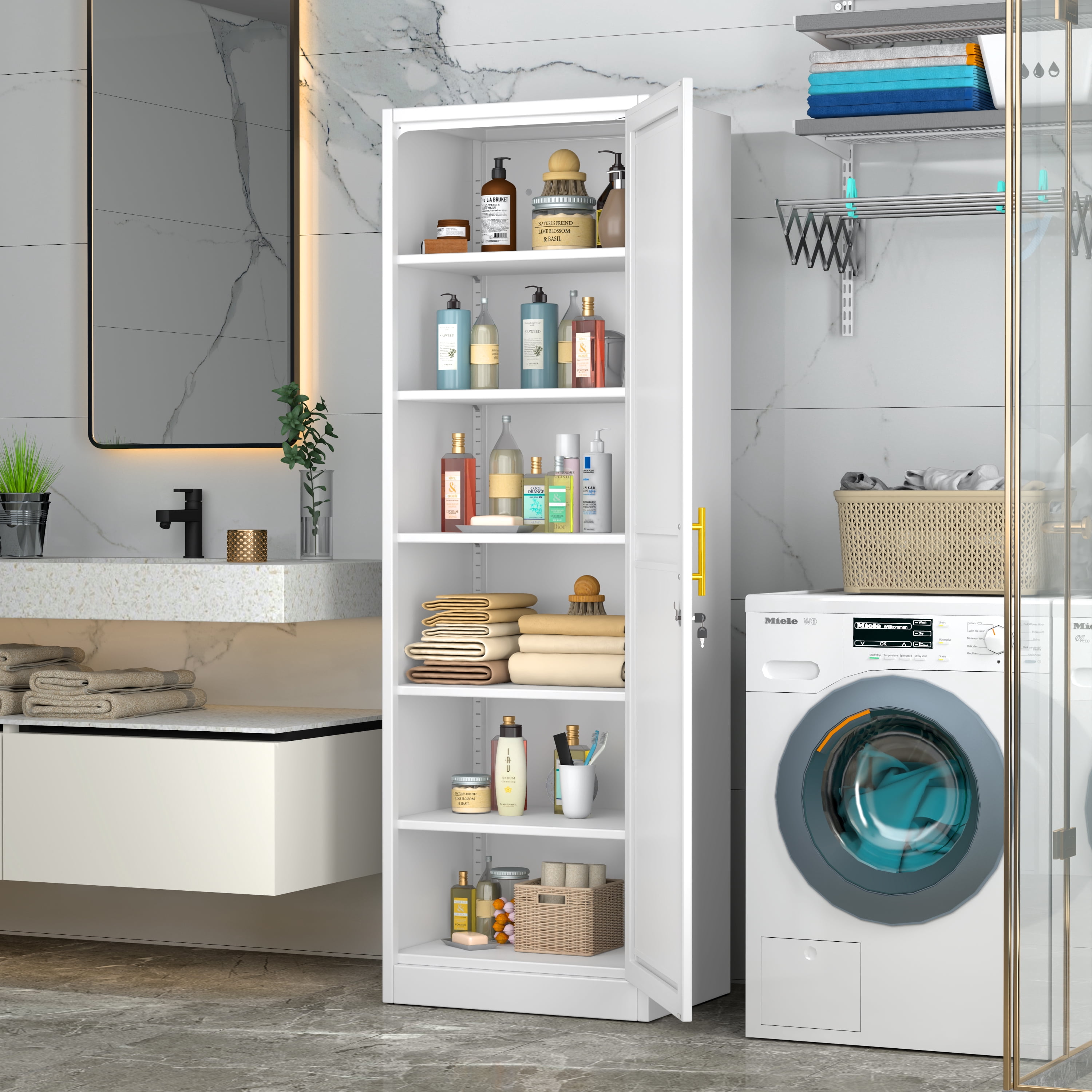 Ero 67" Metal Storage Cabinet with Lock, Tall Narrow Office File Cabinets with 1 Door & 5 Adjustable Shelves