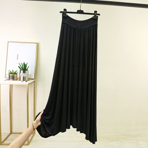 Qulqfy Womens Summer Maxi Peasant Long Skirts Flowy Boho Elegant Plus Size Ruched Black Skirt L
