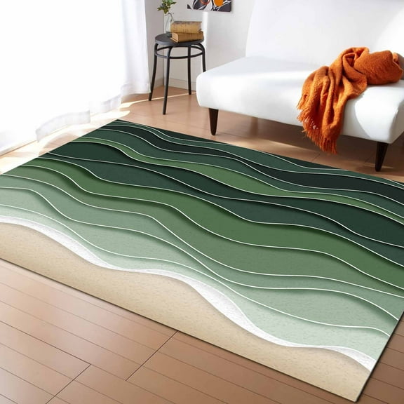 Area Rugs Indoor Non-Slip Rectangle Rug 5x7 Ft Abstract Sage Green Brown Gradient Ocean Waves Rug Rubber Backing Floor Mats Non Shedding Home Decor Carpet for Entryway Living Room