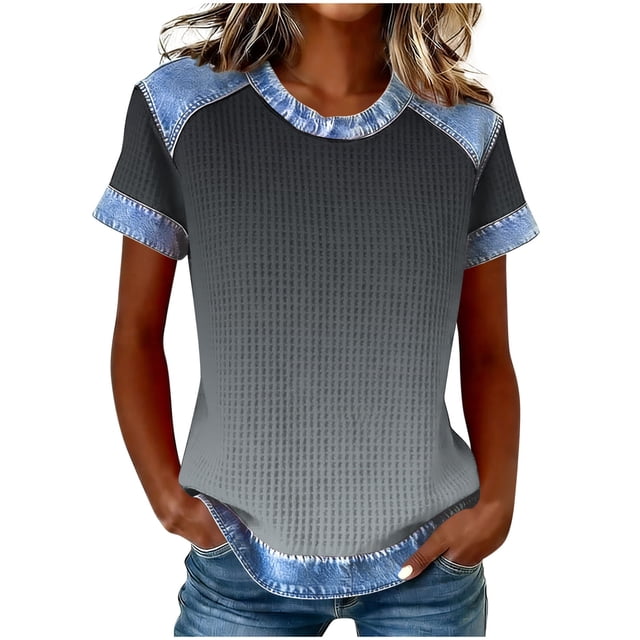 Camisetas de Manga Corta para las Mujeres Camisetas de Cuello Redondo de Color Sólido Camisetas de Manga Corta para las Mujeres