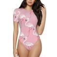 thumbnail image 2 of Goofa Pink Flamingo Printed Women Rash Guard Short Sleeve,Tummy control Swimsuit Surfing Swimsuit Bathing Suit One Piece Swimsuit UPF 50-Medium, 2 of 9