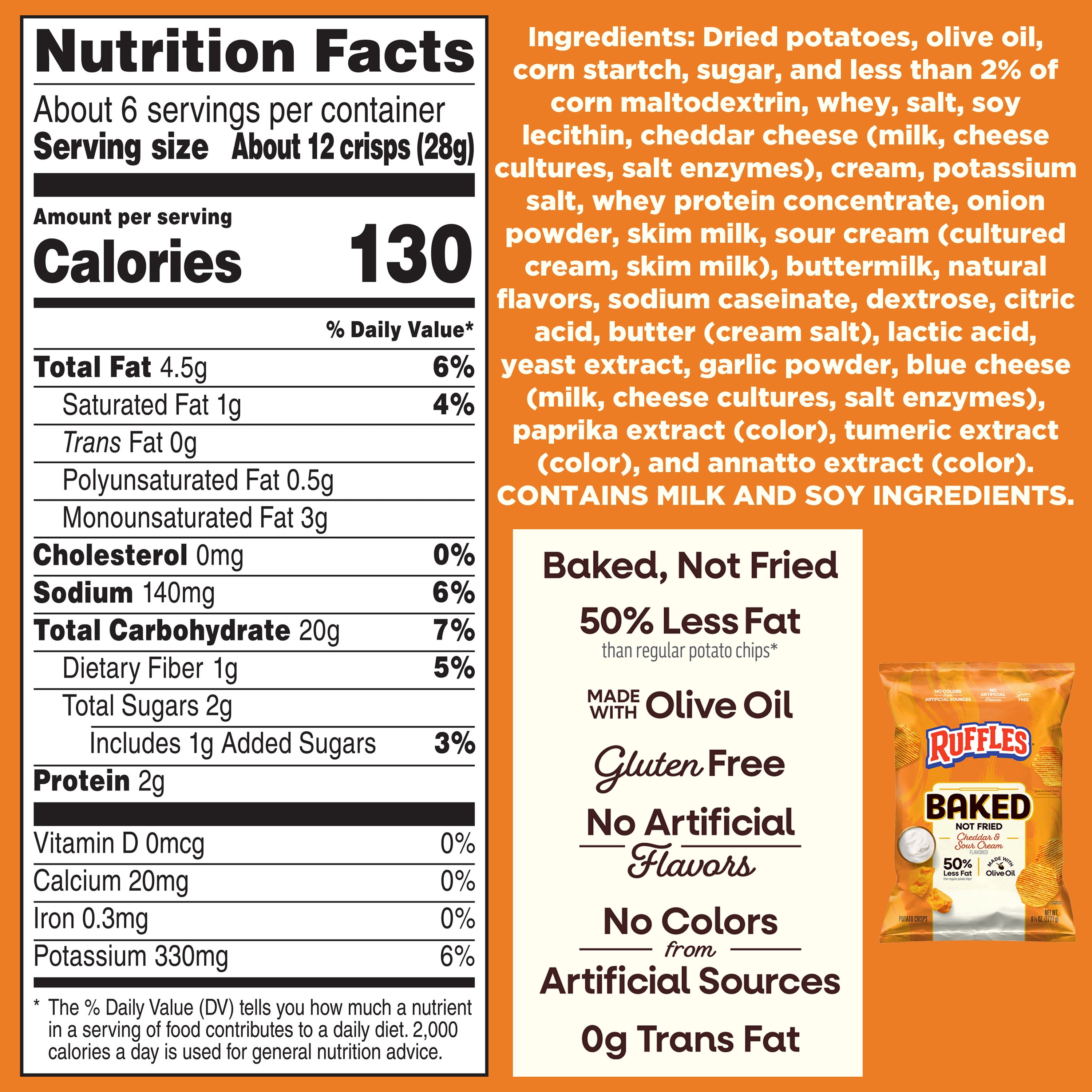 Baked Ruffles 50% Less Fat Cheddar & Sour Cream Potato Chips Bag, 6.25 oz