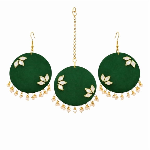 Handcrafted Fabric Jewelry Set for Women| Embroidered Round Earrings with Matching Maang Tikka | Ethnic Kundan Pearl Traditional Jewelry Set for Wedding, Festival & Party Wear (Green)