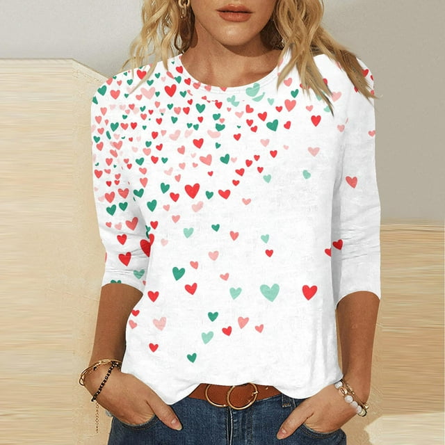 Meichang T-Shirts pour Femmes T-Shirts de la Saint-Valentin T-Shirts Mignons à Imprimé Cœur Hauts Mignons T-Shirts de Fête Manches 3/4 Col Rond T-Shirts Mode 2025