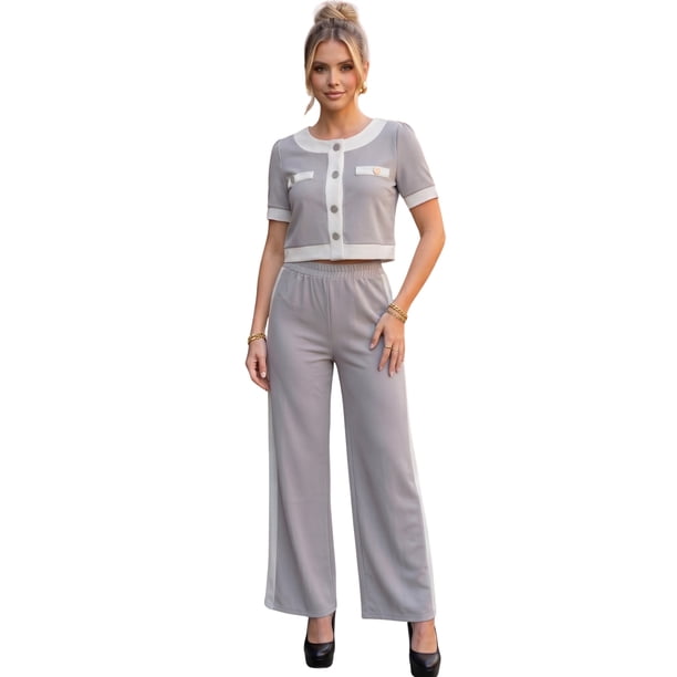 Conjunto Casual para Mujer 2 Piezas Blusa Crop con Botones Decorativos y Pantalón Palazzo de Pierna Ancha