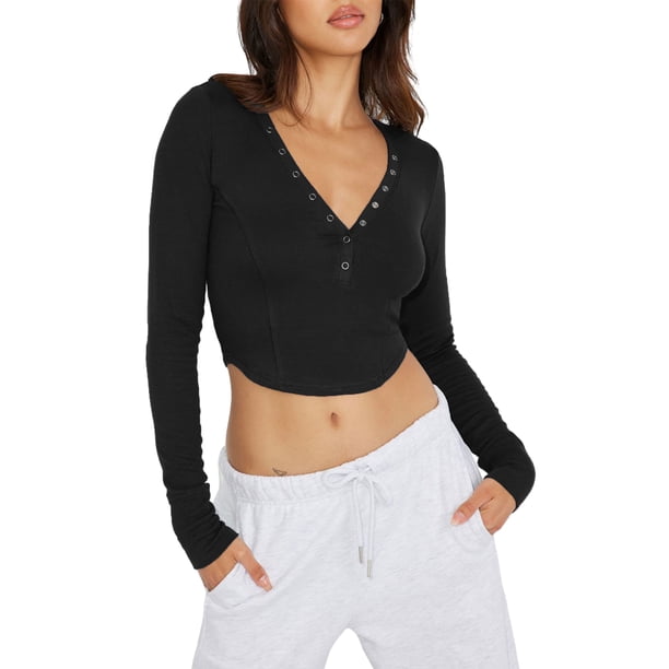 Blusa Mangas Largas Top con cuello en V profundo, parte superior con botones, camisa básica informal ajustada para mujer Kuymtek Negro T L para Mujer