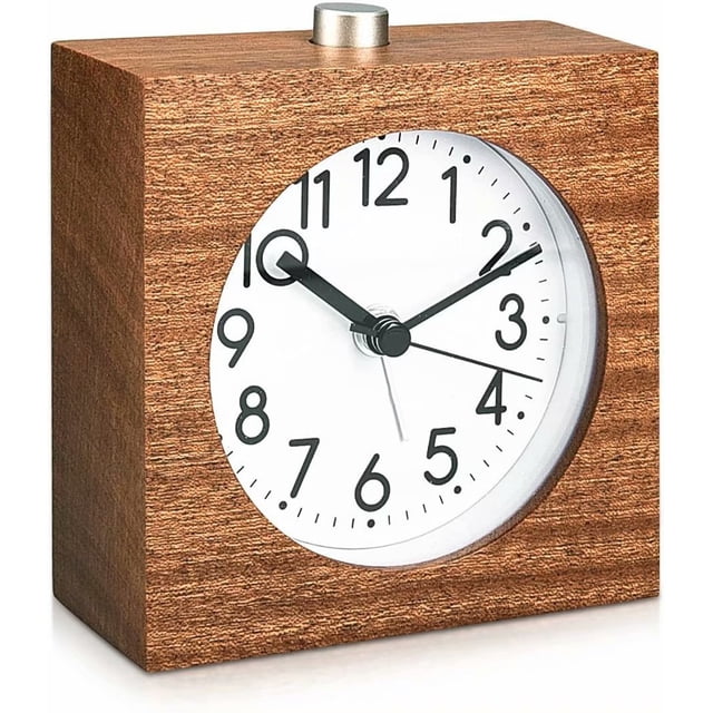 Analog Wood Alarm Clock With Snooze - Retro Clock In Square Design With Dial Alarm - Quiet Table Clock Without Ticking - Natural Wood In Dark Brown