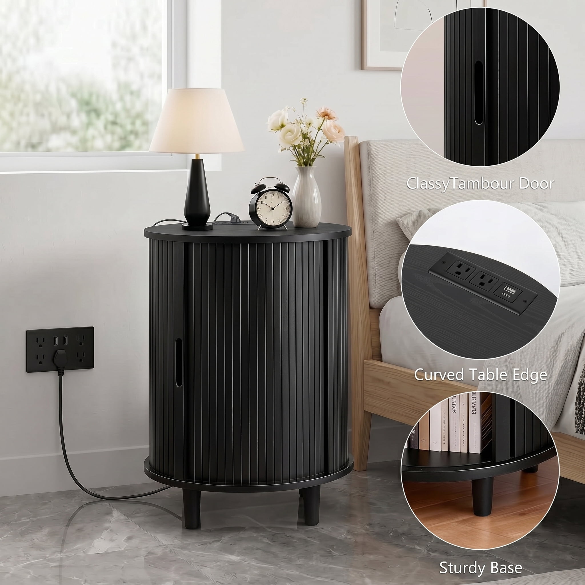 Aisword Round End Table Set of 2 with Charging Station, Fluted Accent Side Table with Sliding Door and Adjustable Shelf, Nightstand for Small Space, Black