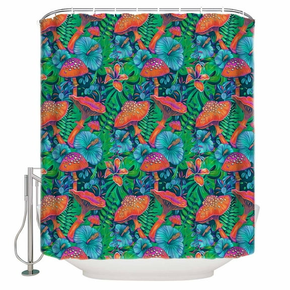 Mushroom Shower Curtains for Bathroom Waterproof Fabric Bath Curtains Decor Bath Tub Curtain Teal Green Spring Summer Botanical Flowers Decorative Shower Curtain Sets with 12 Hooks, 72x72 Inch
