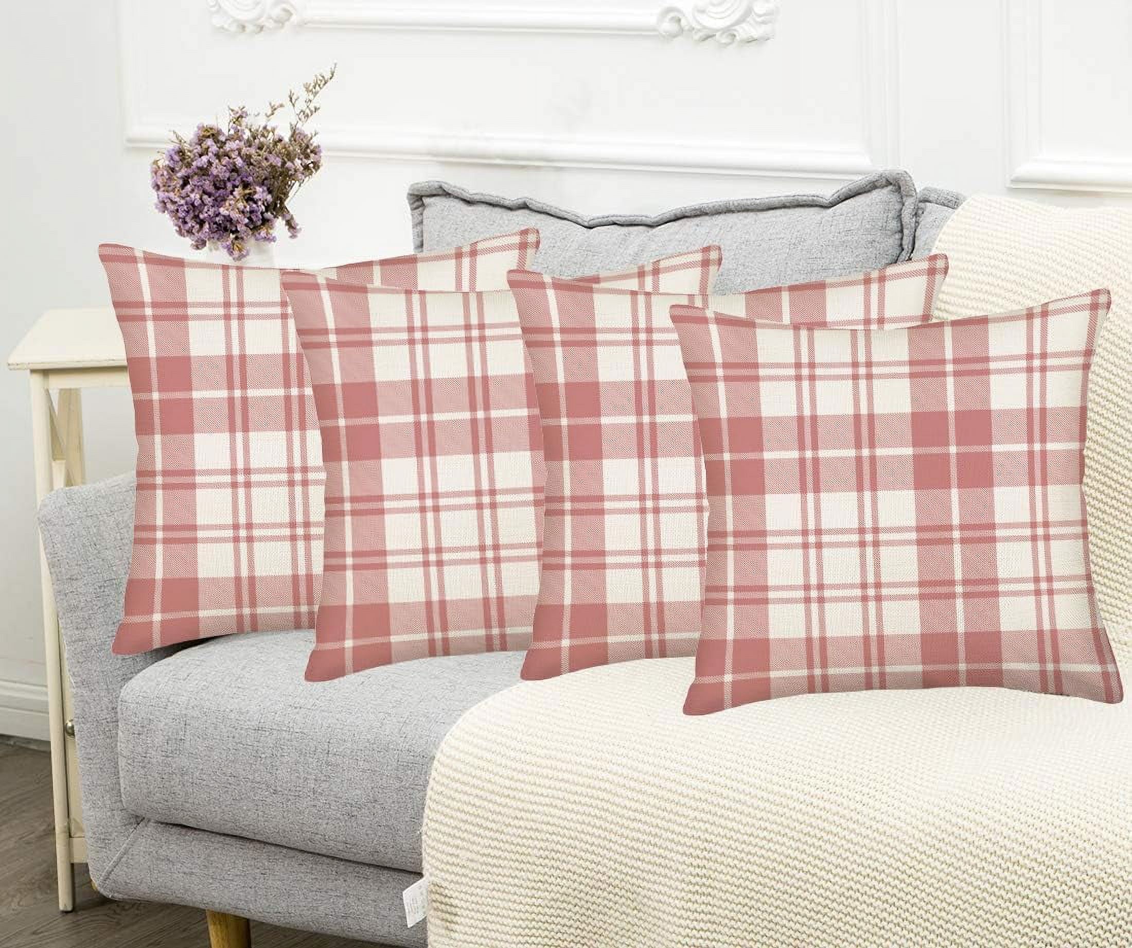 Set of 4 Pink and White Buffalo Plaid Pillow Covers 20x20 Inch Outdoor Valentine''s Day Check Throw Pillow Cover Farmhouse Decorations Pillow Cases Cotton Linen for Sofa Couch Home Decor