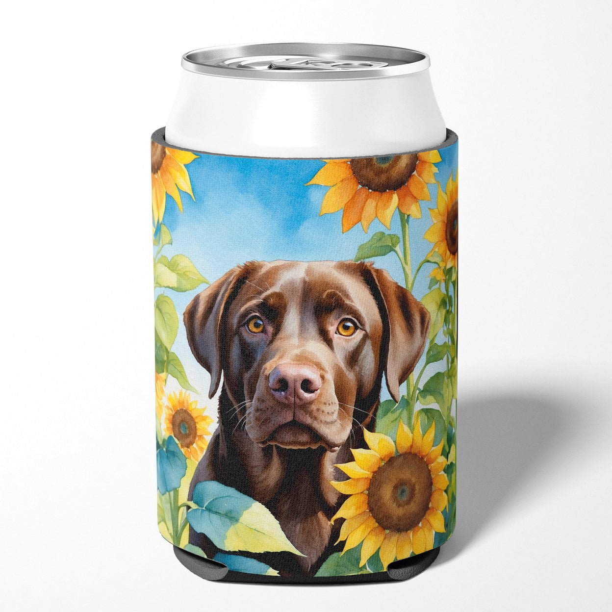 Labrador Retriever in Sunflowers Can or Bottle Hugger 3 in x 5 in