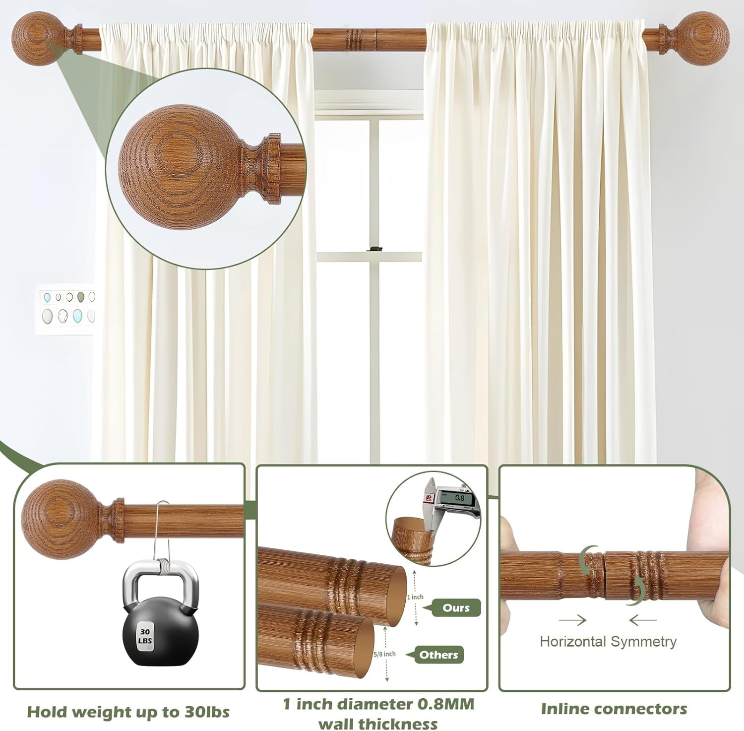 White Wood Curtain Rods for Windows:HTZON 1" Farmhouse Boho Rrustic Wooden Curtain Rod Living Room Bedroom,Decorative Adjustable Antique White Drapery Rods Faux Wood Grain Vintage Distressed,36-88"