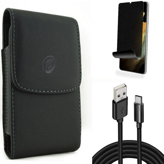 Case Belt Clip & 10ft USB Cable & Privacy Screen Protector for Samsung Galaxy S22 Plus (S22 ) - Combo Leather Holster Cover & Type-C Charger Cord Power & TPU Film (Fingerprint Works) Anti-Peep