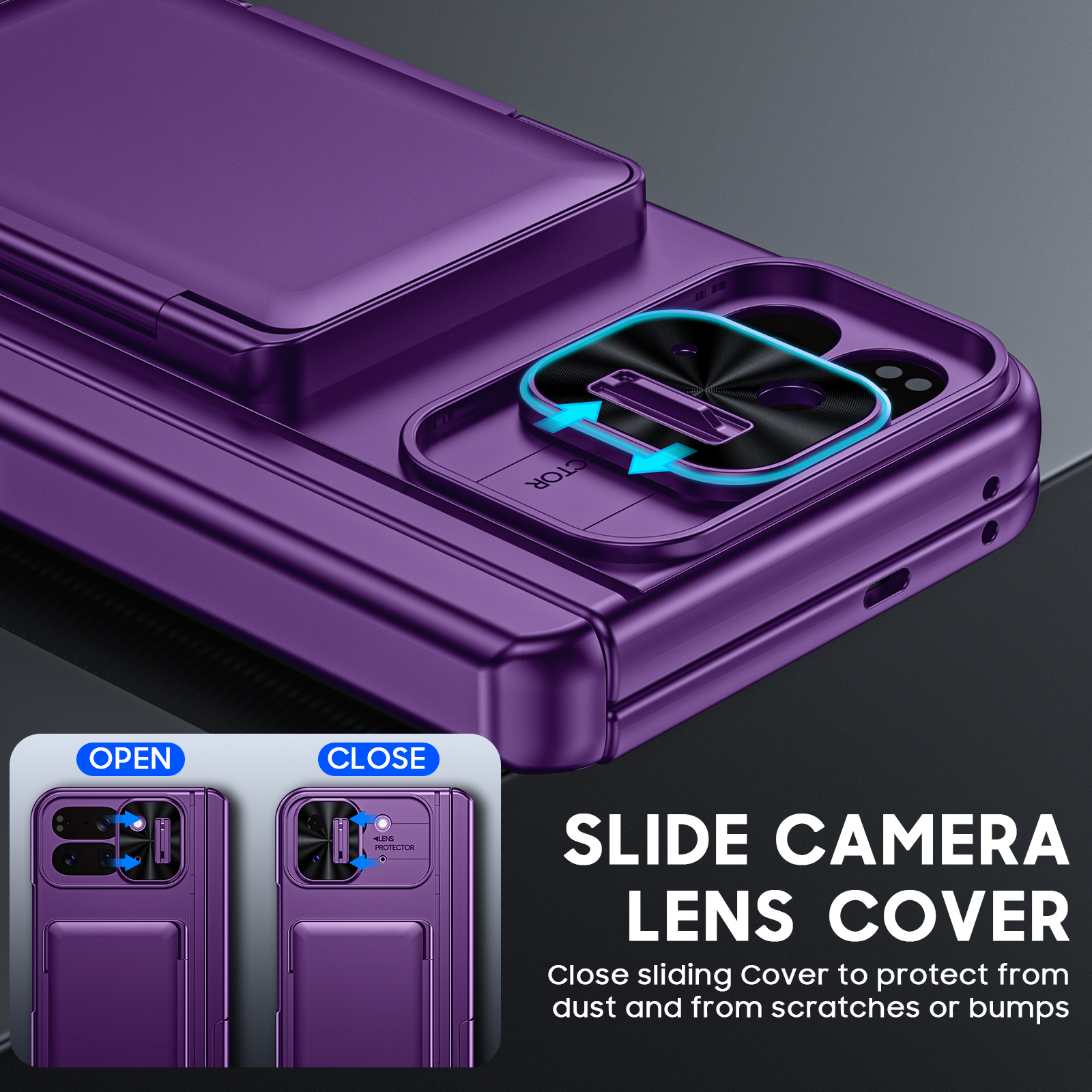 Vizvera for Google Pixel 10 Pro Fold Case with Card Holder [RFID Blocking] Camera Cover,Hinge Protection,Built-in Hidden Kickstand,Screen Protector,Slim Shockproof Phone Case-Purple