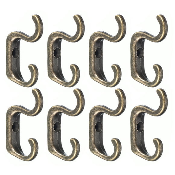 Ganchos de pared, paquete de 8 - Gancho retro de doble gancho de aleación de zinc, ganchos pequeños para colgar toallas, abrigos, mochilas (bronce)