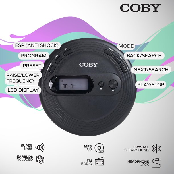 Coby Portable CD Player with Anti-Skip, FM Radio, Earbuds
