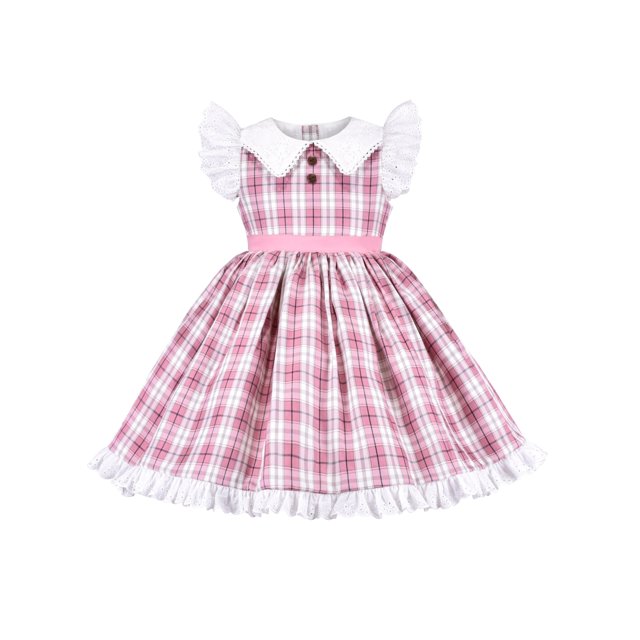 Girls Dress Pink Plaid Vintage Festival Party Ruffle Sleeve Collar 8 Years