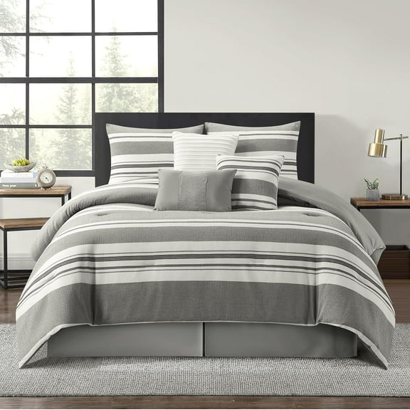 Grand Avenue White Grey Comforter Set California King Size, 7 Piece Geometric Jacquard Bedding Set, Matching Bedskirt, Pillows & Shams, Curtains
