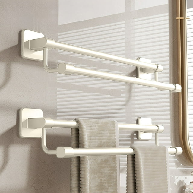 Wall Mounted Double Bar Towel Rack | No Drill Adhesive Mount | Space Saving Bathroom Storage | Aluminum & Plastic Construction | Gray Finish | 11.8 Inch