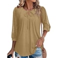 thumbnail image 6 of ClodeEU Women's Lace Patchwork 3/4 Sleeve Crewneck Top ,Solid Color Casual Spring Summer Blouse Khaki,Women's Plus M, 6 of 7