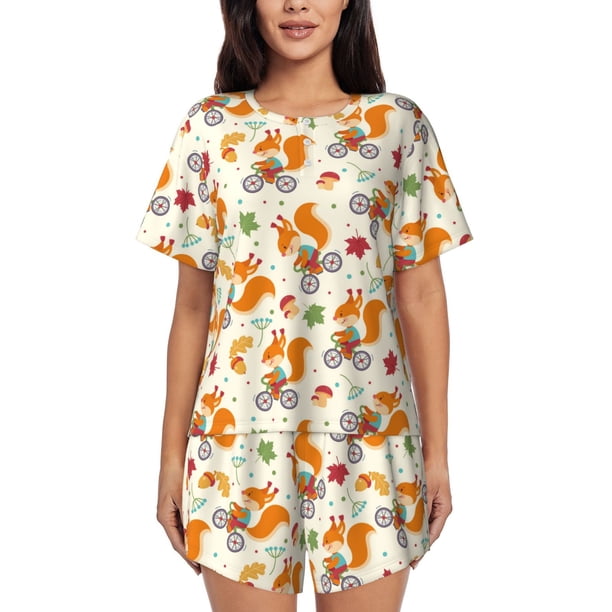 Balery Forest Squirrel Conjunto de Pijama para Mujer con Estampado, Dos Piezas de Manga Corta y Shorts, Ropa de Dormir Suave con Cuello Redondo y Bolsillos-Medium