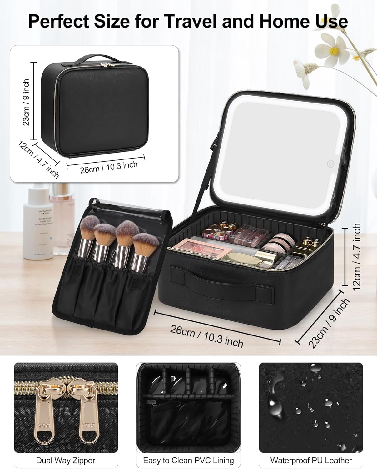 Makeup Bag with LED Mirror, Travel Makeup Case for Women and Makeup Artists Cosmetic Organizer Large Make Up Bags with Light Up Mirror, 3 Color Lights, Adjustable Dividers and Brush Holder