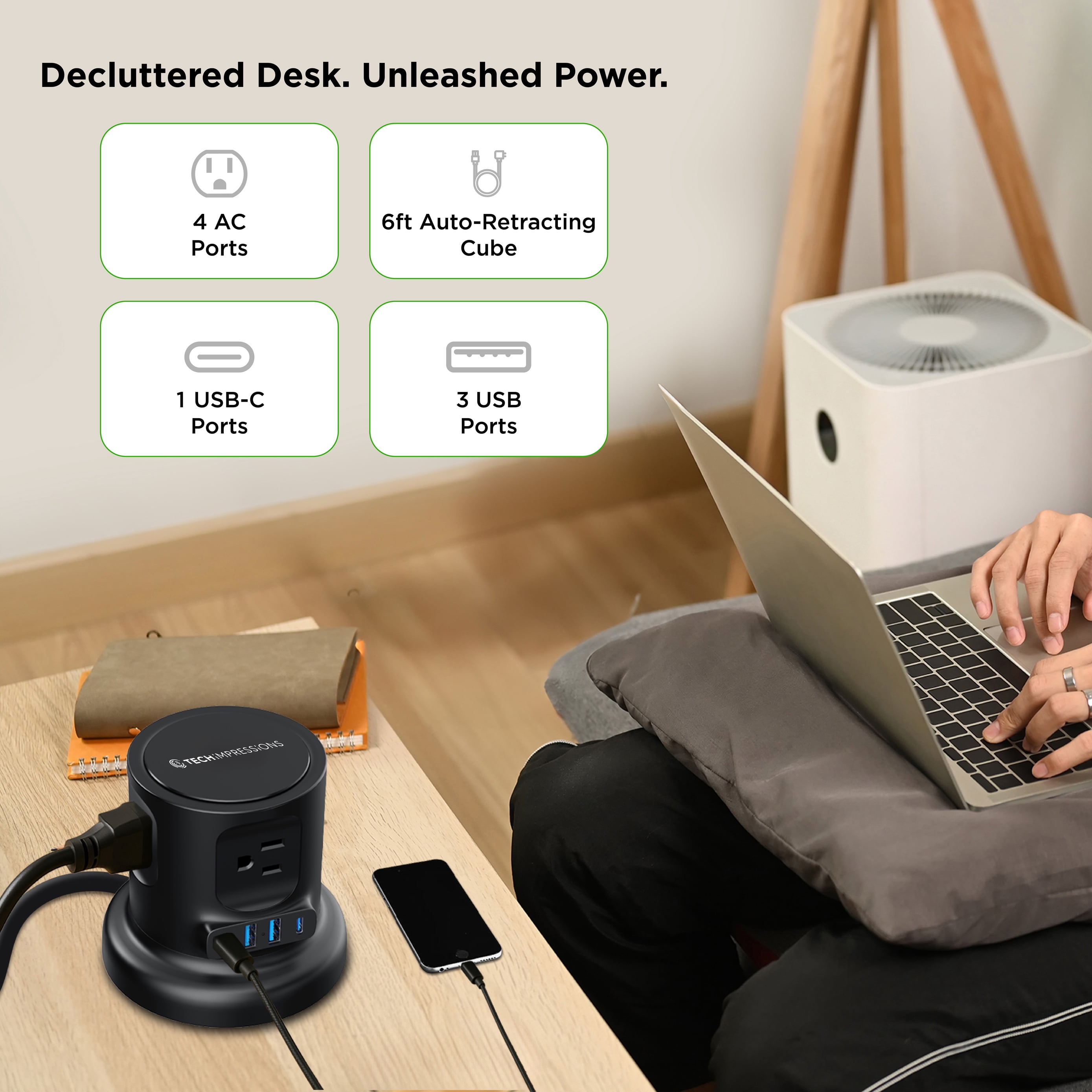 Retractable Power Strip Tower, 8-in-1 Surge Protector with 4 AC Outlets, 2 USB-C, 2 USB-A, 6ft Auto-Retracting Cord, Fast Charging Charging Station, Black
