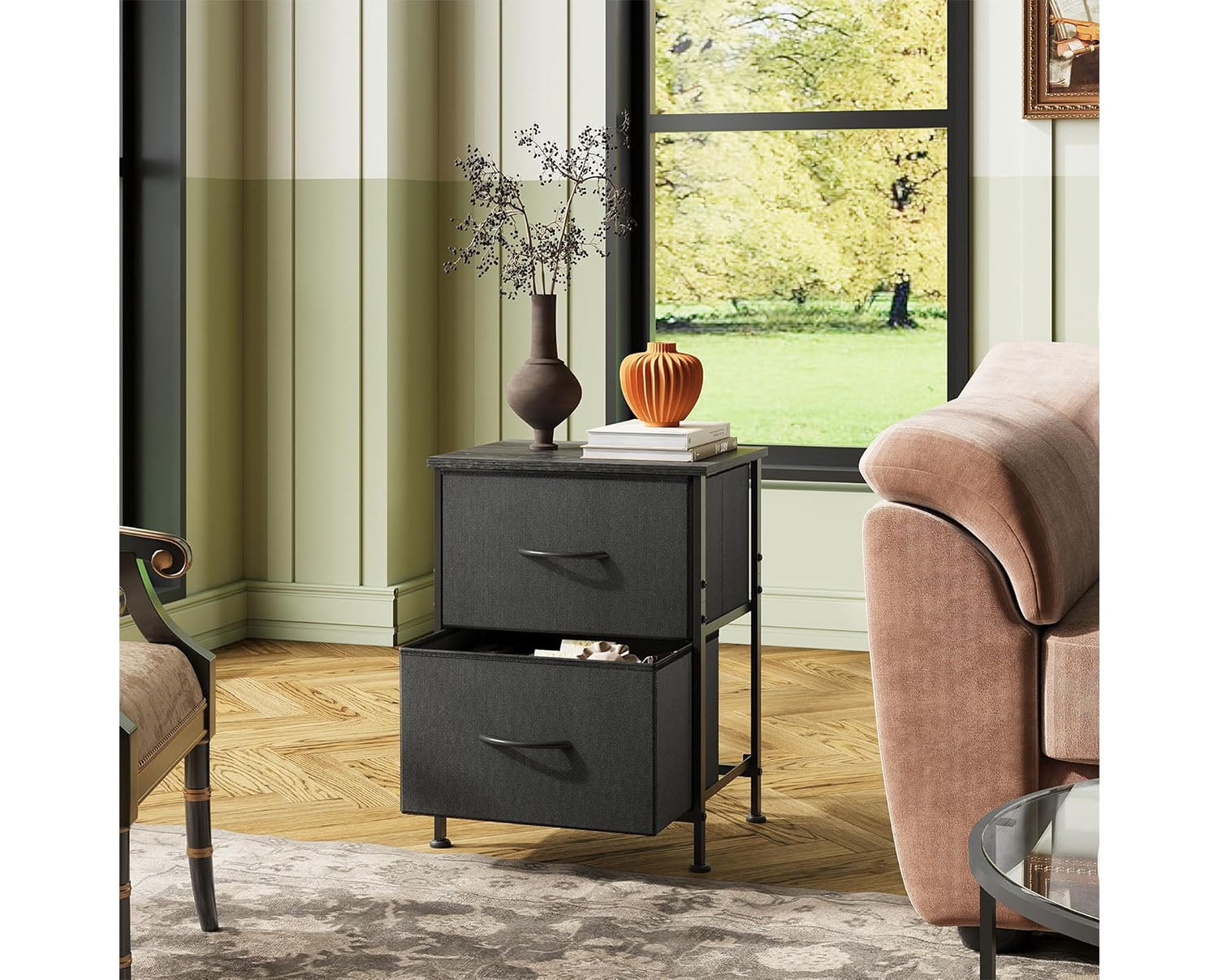 GALAXHERO Nightstand Set of 2 with 2 Fabric Drawers, Small Bedroom Dresser and Bedside Tables for Dorm and Small Spaces, Wood Top, Black