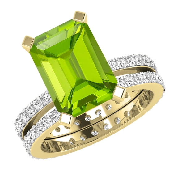 Dazzlingrock Collection 10x7mm Emerald Cut Peridot & 1.19 Ctw Round White Diamond Eternity Wedding Ring Set for Ladies in 18K Yellow Gold, Size 5