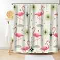 thumbnail image 2 of Flamingo Shower Curtain, Tropical Pink Bird Retro 60s 70s Bathroom Curtain Fabric Beige Cream Green Bath Decor , Hooks Included, 2 of 4