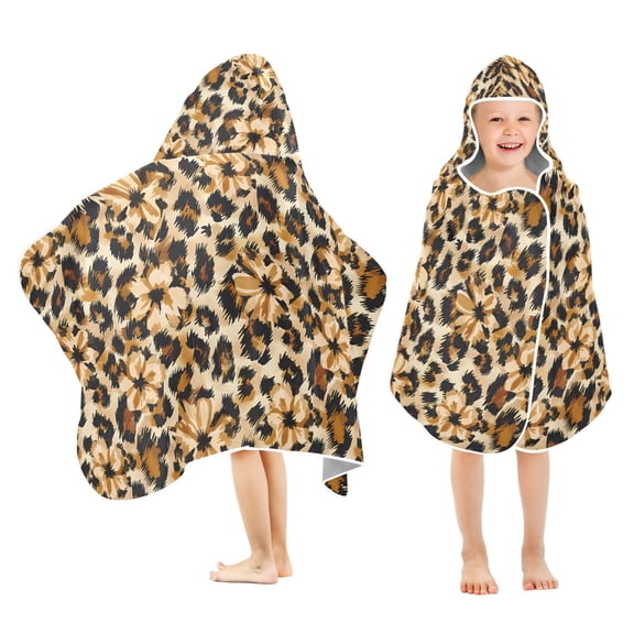 Yayeee Kids Hooded Towel with Hand Pockets Beach Soft Absorbent Bath Wrap 50 x 23.5 inch, Brown Floral Leopard Pattern