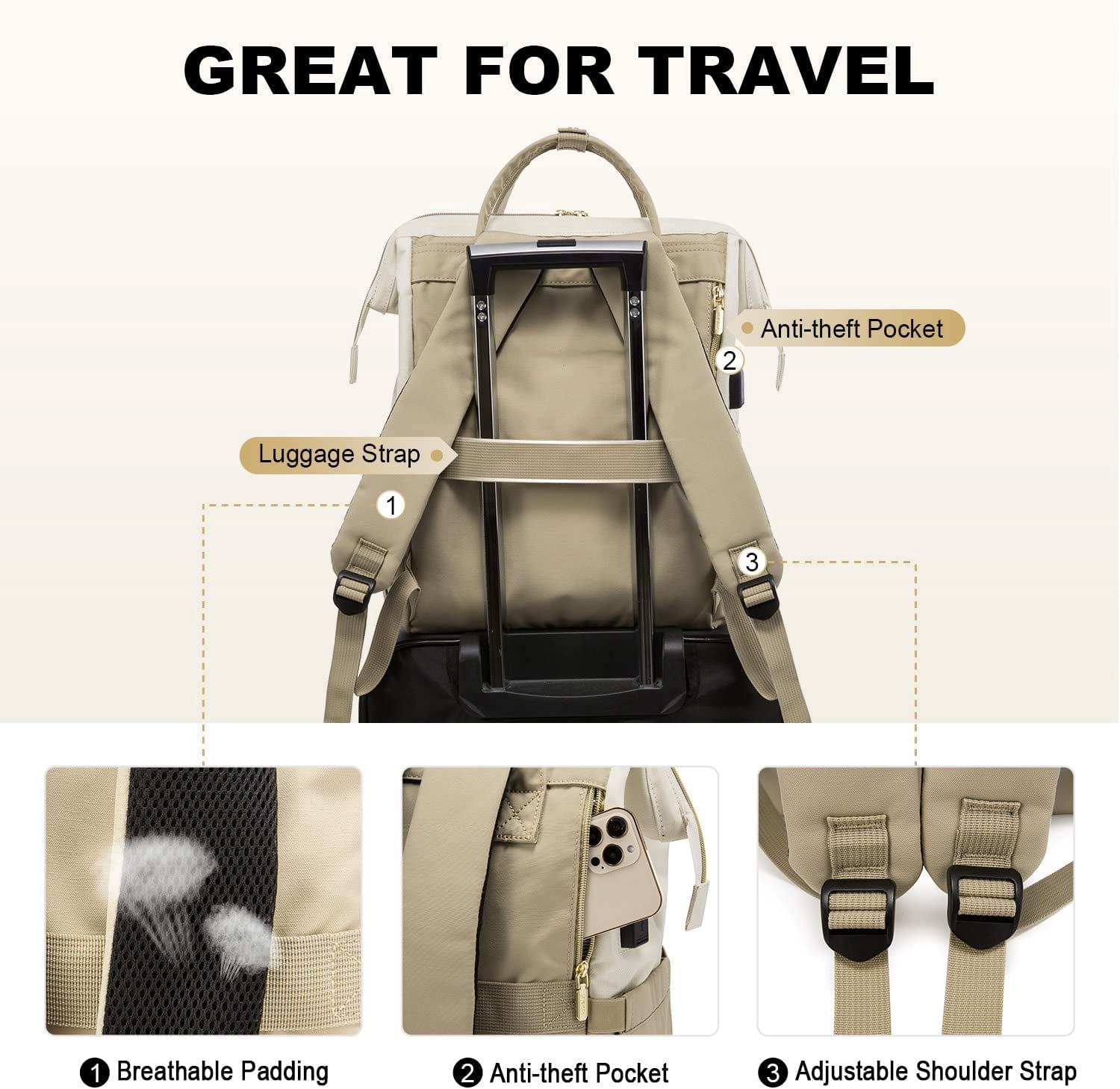 Lovevook Laptop Bag 15.6",Women Work Computer Bag Teacher Nurse Backpack Purse with USB,Waterproof Travel Backpack College Bookbag(Beige-Khaki)