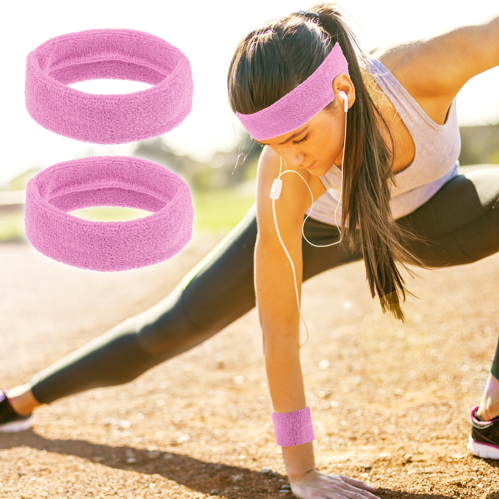 Unique Bargains 3 Pcs Sport Headband Wristband Sweatband Cotton Blend Pink