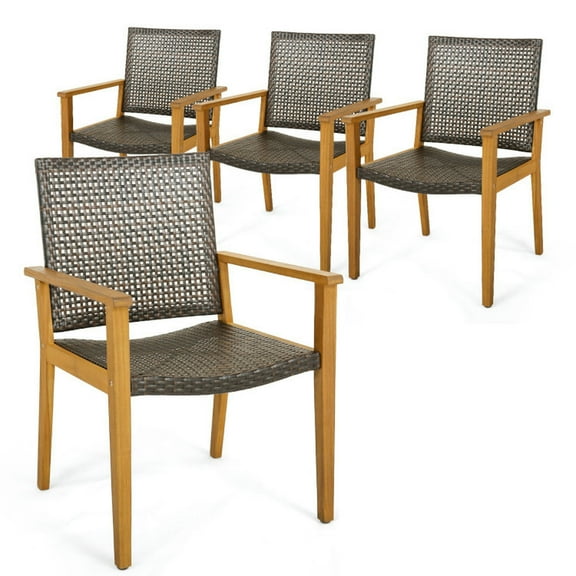 YYAo Outdoor Dining Chairs, Patio Kitchen Dining Room Chairs,Set of 4 Outdoor Rattan Chair with Sturdy Acacia Wood Frame-Set of 4
